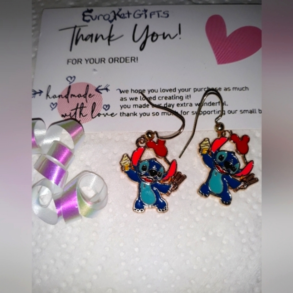 DISNEY Stitch Red Santa hat charm Dangle Earrings Cartoon Character Fun NEW